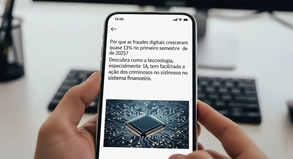 lustração de criminoso digital manipulando dados financeiros em um computador, com destaque para elementos de inteligência artificial