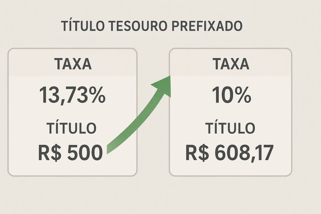 Gráfico mostrando valorização de título público com queda na taxa de juros de 13,73% para 10%.