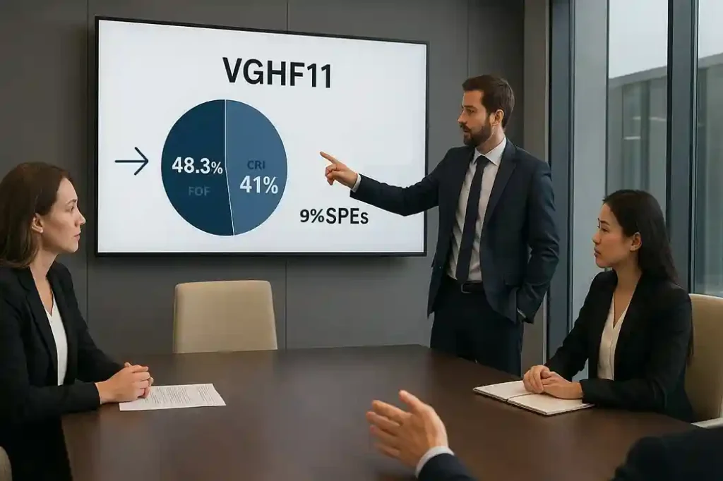 Sala de reuniões com apresentação sobre a distribuição de ativos do fundo imobiliário VGHF11.