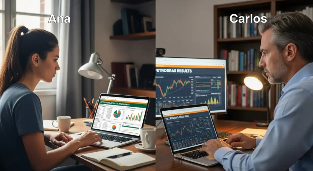 Dois investidores brasileiros, um iniciante e outro experiente, acompanham os dividendos da Petrobras de casa, usando notebook e celular.