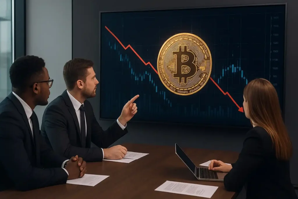 Investidores institucionais analisando gráficos de Bitcoin, simbolizando o aumento da demanda por criptomoedas por grandes players do mercado.