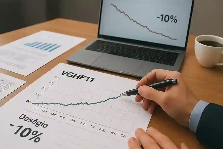 Investidor analisando documentos financeiros do VGHF11 com gráficos e uma xícara de café sobre a mesa.