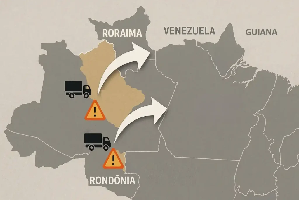 Mapa mostrando rota do ouro apreendido em Roraima para países vizinhos, ilustrando investigação do contrabando.