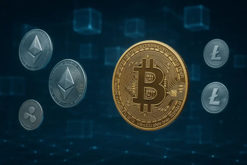 Representação de várias moedas digitais flutuando em uma rede de blockchain, simbolizando o ecossistema das criptomoedas.