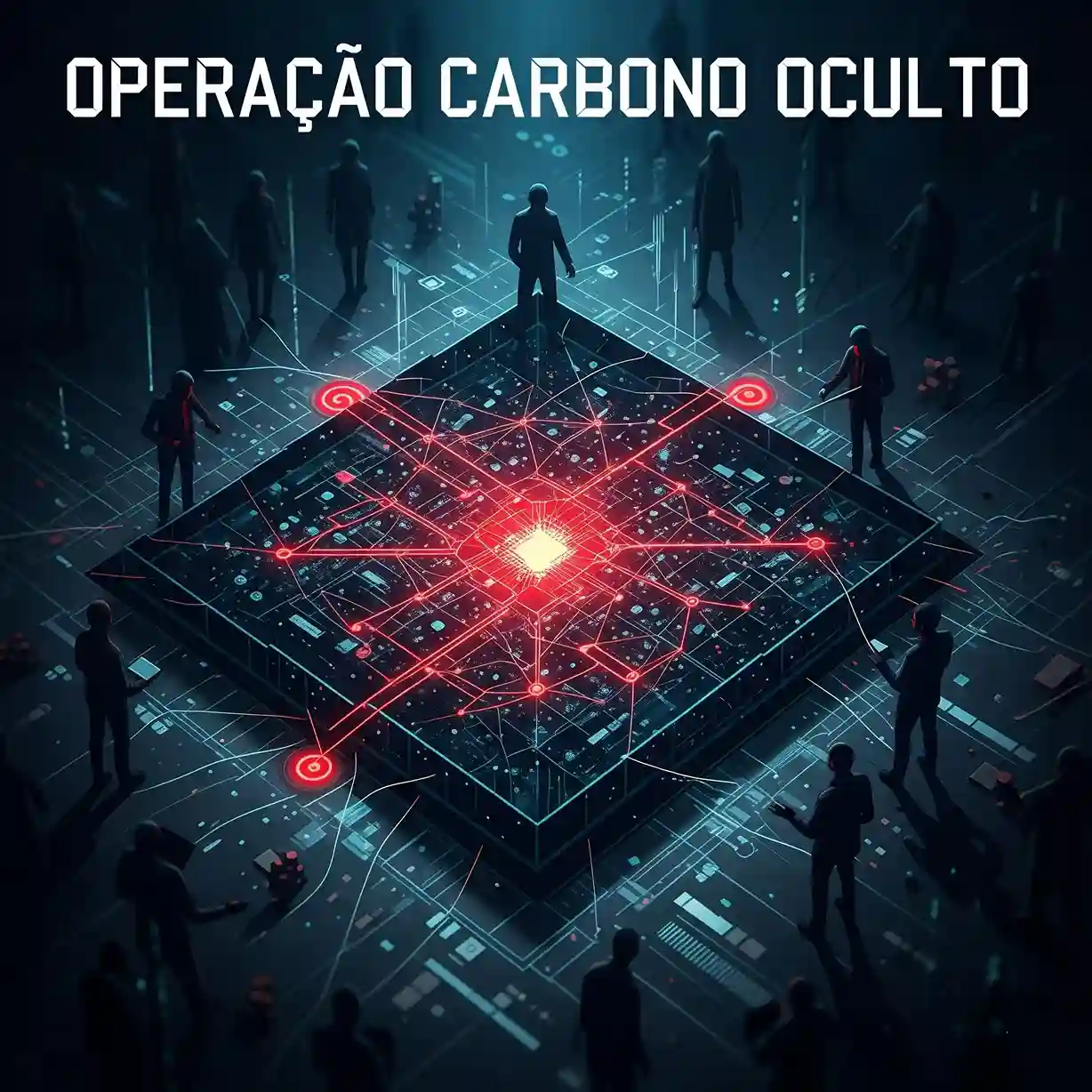 Ilustração digital da Operação Carbono Oculto, mostrando uma rede de fraude financeira digital e lavagem de dinheiro em fintechs