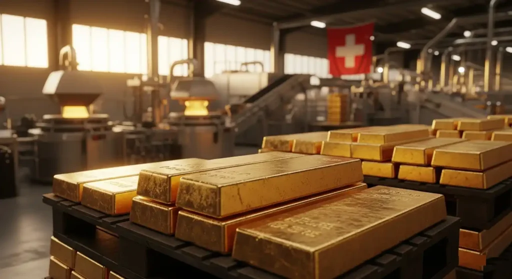 Refinaria de ouro na Suíça com barras de ouro empilhadas