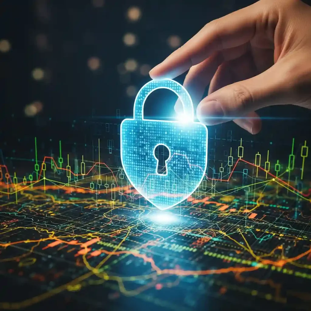 Uma mão segurando um cadeado digital, representando a segurança e as novas regulamentações impostas ao sistema financeiro das fintechs