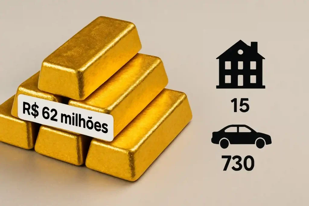 Barras de ouro com valor estimado em R$ 62 milhões, representando a maior apreensão de ouro do Brasil pela PRF.
