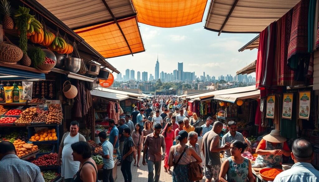 A bustling open-air market in a thriving emerging economy, bustling with energy and potential. Vibrant stalls brimming with exotic produce, handcrafted goods, and colorful textiles. In the foreground, local merchants haggle with customers under the warm glow of natural light filtering through the canopy above. In the middle ground, a diverse crowd navigates the winding paths, immersed in the hum of lively conversation and the scent of spices. The background reveals the skyline of a rapidly modernizing city, a testament to the dynamic growth and opportunity of this emerging market.