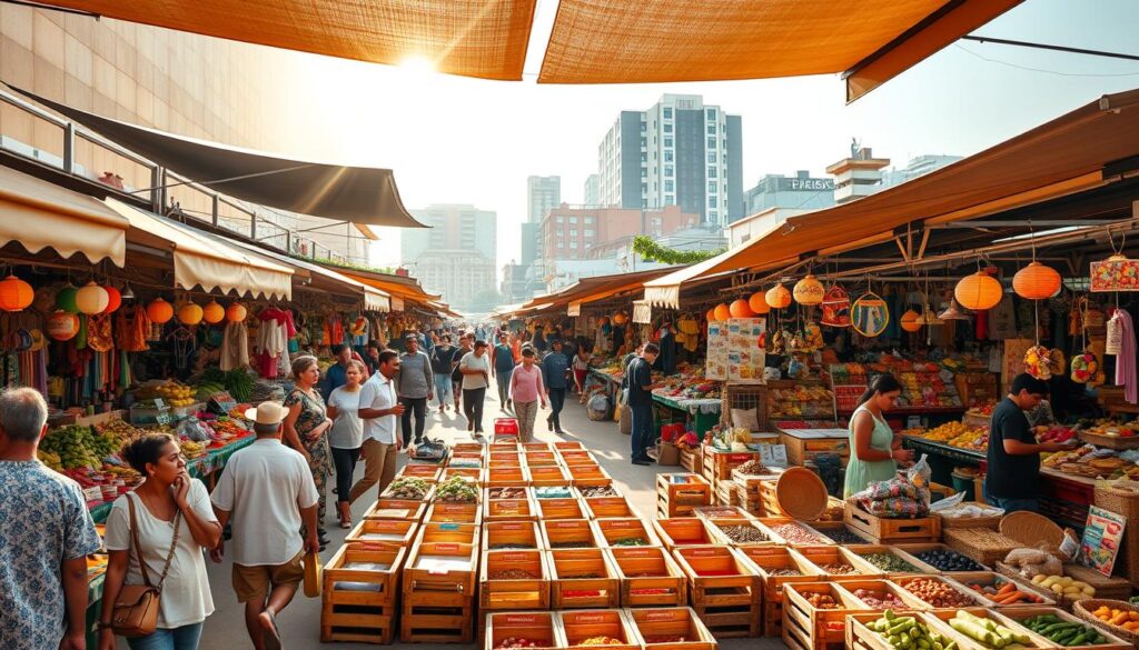 A bustling open-air marketplace in a vibrant emerging economy, with a diverse array of colorful stalls and vendors selling local produce, handcrafted goods, and exotic spices. Warm afternoon sunlight filters through the canopy of awnings, casting a golden glow over the lively scene. In the foreground, shoppers browse the selection, haggling with merchants and sampling the wares. The middle ground is filled with rows of wooden crates, baskets, and displays showcasing the region's bountiful agricultural offerings. In the background, a mix of modern and traditional architecture frames the marketplace, hinting at the country's rapid development and economic growth.
