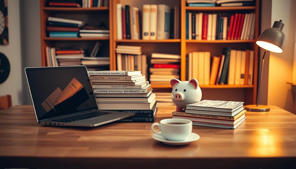A cozy home office setup with a wooden desk, a laptop, and a piggy bank. On the desk, a stack of financial books and a cup of coffee. In the background, shelves filled with more finance-related materials. Warm lighting illuminates the scene, creating a relaxed and focused atmosphere for financial education and goal-setting. The overall composition emphasizes the practicality and daily integration of financial literacy, preparing for a secure future.