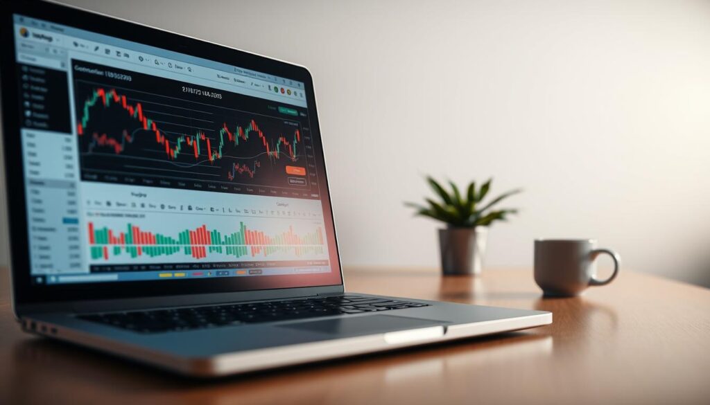 Uma análise detalhada de um ativo de criptomoeda, apresentada em uma tela limpa e de aparência profissional. Em primeiro plano, a tela de um laptop moderno e elegante exibe gráficos, tabelas e dados financeiros abrangentes, iluminados por uma iluminação suave e direcionada. No plano intermediário, há uma mesa minimalista de metal com uma planta em vaso e uma xícara de café, evocando um ambiente de trabalho contemplativo. O fundo é um cenário desfocado em tons neutros, permitindo que o foco permaneça nas ferramentas e informações analíticas. O clima geral é de pesquisa diligente, tomada de decisões perspicaz e dedicação em fazer escolhas de investimento informadas no mundo dos ativos digitais.