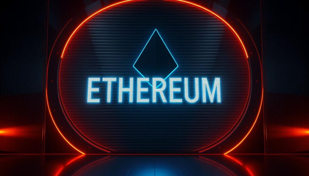 A detailed, high-resolution render of the price of Ethereum (ETH) cryptocurrency, displayed as a large, glowing digital readout against a sleek, metallic background. The readout should be prominently featured, with a clean, minimalist design that conveys the financial impact and importance of Ethereum's value. The scene should be lit with a combination of warm, ambient lighting and cooler, directional highlights to create depth and drama. The overall mood should be one of technological sophistication and financial significance, reflecting the economic implications of Ethereum's price.