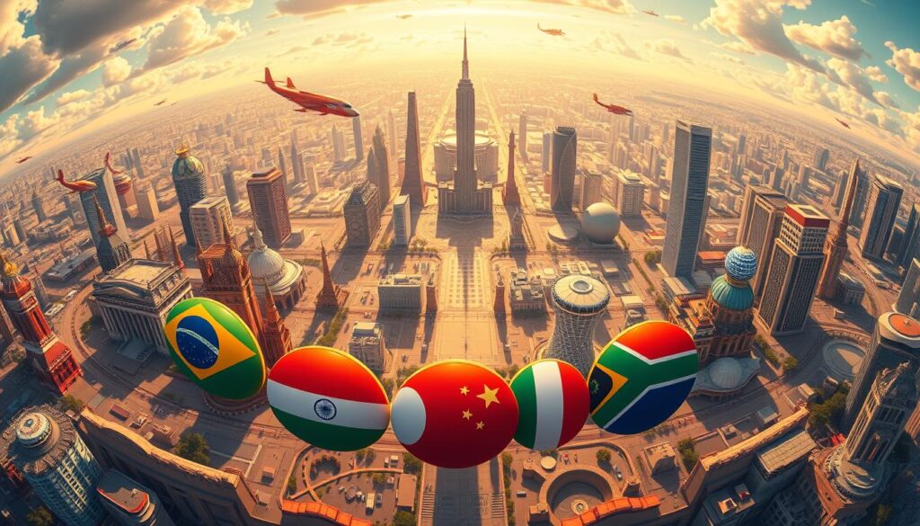 A detailed, panoramic illustration showcasing the "BRICS Expandido" concept. The foreground depicts the five original BRICS nations - Brazil, Russia, India, China, and South Africa - represented by their iconic landmarks and symbols, arranged in a circular formation. In the middle ground, additional emerging economies like Mexico, Indonesia, Turkey, and others are seamlessly integrated, expanding the BRICS framework. The background features a vibrant, futuristic cityscape with advanced skyscrapers, hovering vehicles, and a dynamic, technologically-advanced atmosphere, symbolizing the economic growth and global influence of this expanded economic bloc. The lighting is crisp, with warm, golden tones illuminating the scene, conveying a sense of prosperity and optimism. The camera angle is slightly elevated, providing a comprehensive, bird's-eye view of this transformative economic landscape.