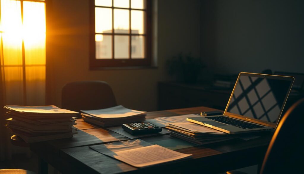 A dimly lit office interior, the last business day of the month approaching its end. Stacks of papers, a calculator, and a laptop sit atop a worn wooden desk, casting long shadows across the room. Through the window, the fading evening light bathes the scene in a warm, amber glow, signaling the conclusion of another productive workday. The atmosphere is one of quiet contemplation, as the final financial calculations are made before the deadline. The image should convey a sense of focused diligence and the satisfaction of a task well-executed, reflecting the subject of "Prazos, valor mínimo e dia útil do mês seguinte".