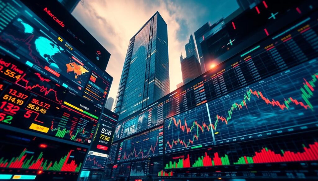 Um mercado financeiro dinâmico e acelerado, com um arranha-céu imponente ao fundo, simbolizando a escala e o impacto dos eventos globais. Em primeiro plano, uma sequência de gráficos coloridos, tabelas e visualizações de dados, transmitindo a intensidade e a volatilidade do mercado. A iluminação é dramática, com uma mistura de tons quentes e frios, criando uma sensação de urgência e tensão. A composição geral sugere a poderosa influência de fatores macroeconômicos e eventos de notícias na estratégia de criptomoeda HODL (manter), conforme descrito no título da seção do artigo.