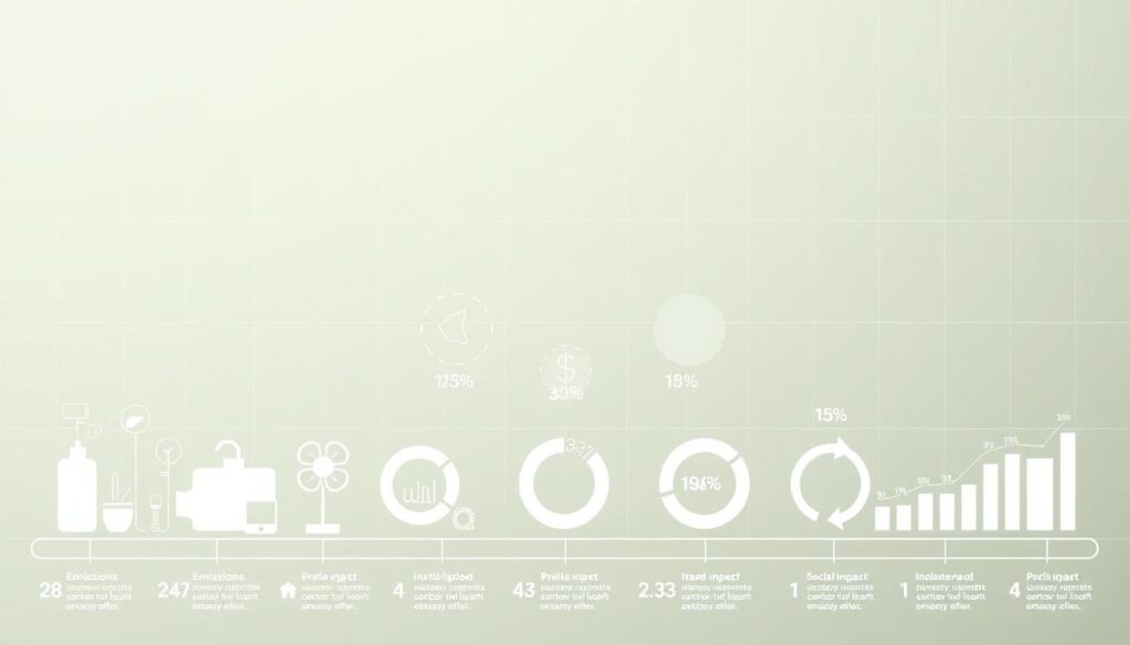 A meticulously designed infographic showcasing a variety of sustainability indicators. The foreground features an elegant arrangement of abstract icons and symbols representing key metrics like emissions, energy consumption, waste management, and social impact. The middle ground contains clean, minimalist data visualizations presenting these indicators in a clear, easy-to-comprehend manner. The background has a subtle, muted gradient evoking a sense of professionalism and authority, complemented by faint grid lines providing structure and organization. The overall composition exudes a sophisticated, data-driven aesthetic, perfectly suited to illustrate the analytical examination of a sustainability report. A meticulously designed infographic showcasing a variety of sustainability indicators. The foreground features an elegant arrangement of abstract icons and symbols representing key metrics like emissions, energy consumption, waste management, and social impact. The middle ground contains clean, minimalist data visualizations presenting these indicators in a clear, easy-to-comprehend manner. The background has a subtle, muted gradient evoking a sense of professionalism and authority, complemented by faint grid lines providing structure and organization. The overall composition exudes a sophisticated, data-driven aesthetic, perfectly suited to illustrate the analytical examination of a sustainability report.