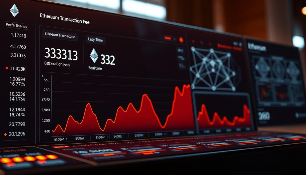 A meticulously rendered performance dashboard, illuminated by warm, focused lighting. In the foreground, a sleek, high-resolution display showcases vibrant performance metrics, their values dynamically fluctuating in real-time. The middle ground features a trio of stacked line graphs, each charting the latest Ethereum transaction fees over time, conveying the ebb and flow of network activity. In the background, a subtly blurred schematic of Ethereum's post-Merge architecture provides context, hinting at the technical underpinnings that enable this robust performance monitoring. The overall mood is one of analytical precision, underscoring the importance of understanding Ethereum's evolving operational dynamics.