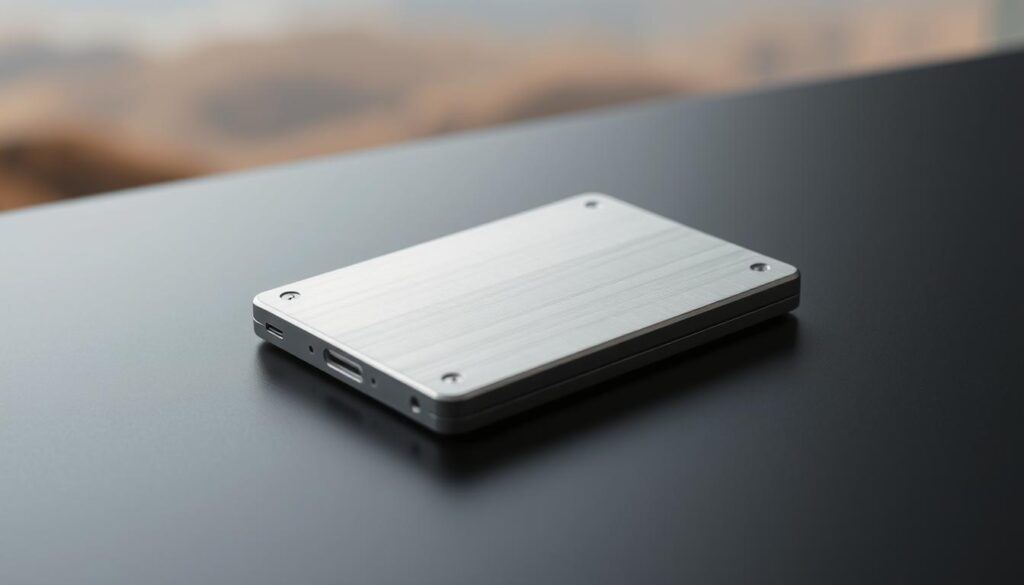 A pristine, brushed metal cold wallet device rests on a dark, minimalist surface. The wallet's sleek, rectangular form is illuminated by soft, diffused lighting, casting gentle shadows that accentuate its clean lines and premium construction. In the background, a blurred, hazy landscape suggests the secure, offline nature of this storage solution, emphasizing its role in safeguarding digital assets with maximum security. The composition conveys a sense of confidence, reliability, and the peace of mind that comes with entrusting one's cryptocurrency to a dedicated hardware wallet.