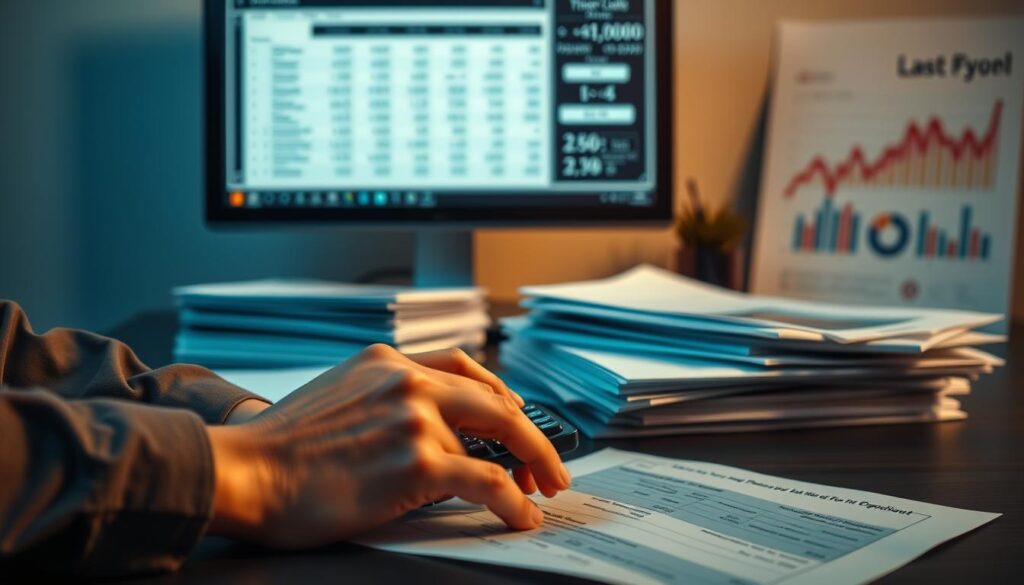 A serene and professional financial setting, showcasing a stack of documents and a calculator against a muted background. The foreground features a pair of hands carefully calculating figures, with a focused expression on the face. The middle ground includes a computer monitor displaying financial information, while the background subtly depicts financial charts and graphs, conveying the gravity and complexity of managing late payments and associated fees. The lighting is warm and directional, creating a sense of diligence and attention to detail. The overall atmosphere is one of careful consideration and a desire to provide a clear and comprehensive understanding of the topic.