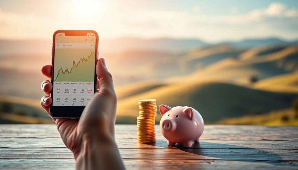 Uma composição serena e reflexiva que retrata o conceito de "investimento DCA" (estratégia de Dollar Cost Averaging). Em primeiro plano, uma mão segura um smartphone exibindo um gráfico financeiro, simbolizando a abordagem sistemática e disciplinada de investir. No plano intermediário, há uma pilha de moedas douradas e um cofrinho, representando o acúmulo de riqueza ao longo do tempo. Ao fundo, um cenário tranquilo com colinas ondulantes, céu azul claro e uma luz dourada e acolhedora transmite uma sensação de estabilidade e crescimento a longo prazo. Toda a cena é capturada com pouca profundidade de campo, criando uma atmosfera focada e introspectiva, adequada para ilustrar a seção "Melhores estratégias para hold de criptos".