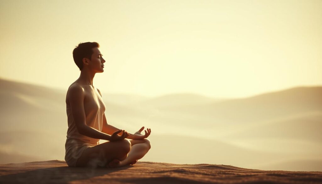 A tranquil, meditative scene depicting the concept of "mente" (mind). In the foreground, a serene human figure sits in a lotus position, eyes closed, hands resting on thighs. The figure is bathed in a warm, soft light, conveying a sense of inner calm and focus. In the middle ground, delicate wisps of mist or smoke curl around the figure, symbolizing the ephemeral nature of thoughts. The background is a minimalist, abstract landscape of gentle, undulating hills or waves, rendered in muted, earthy tones that instill a feeling of grounded, reflective solitude. The overall atmosphere is one of contemplation, balance, and the pursuit of mental discipline.