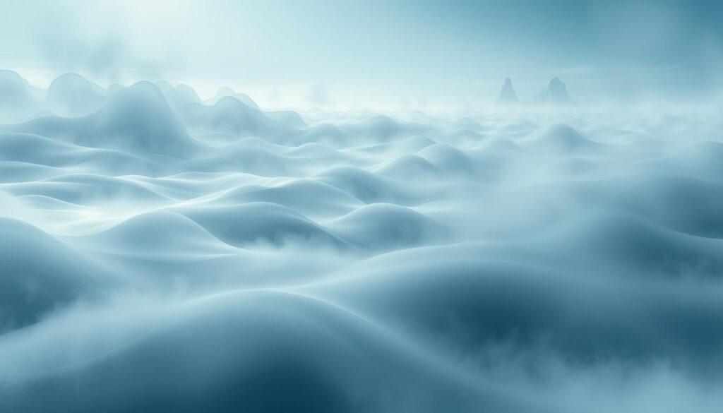 An abstract landscape depicting the concept of "liquidez" (liquidity) in a crisis scenario. A vast, hazy expanse of fluid, translucent shapes in shades of blue and gray, undulating and flowing like a mercurial sea. Sunlight filters through the ethereal mist, casting soft, diffused illumination. In the distance, jagged, angular forms emerge, hinting at the volatility and uncertainty of the financial markets. The overall atmosphere conveys a sense of instability, fragility, and the need to navigate the treacherous waters of a crisis with agility and adaptability.