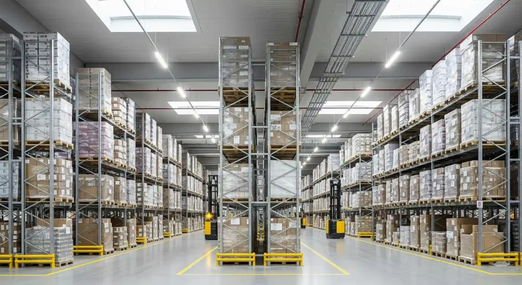 Interior de galpão logístico moderno com prateleiras e pallets, simbolizando qualidade dos ativos do fundo BTLG11.