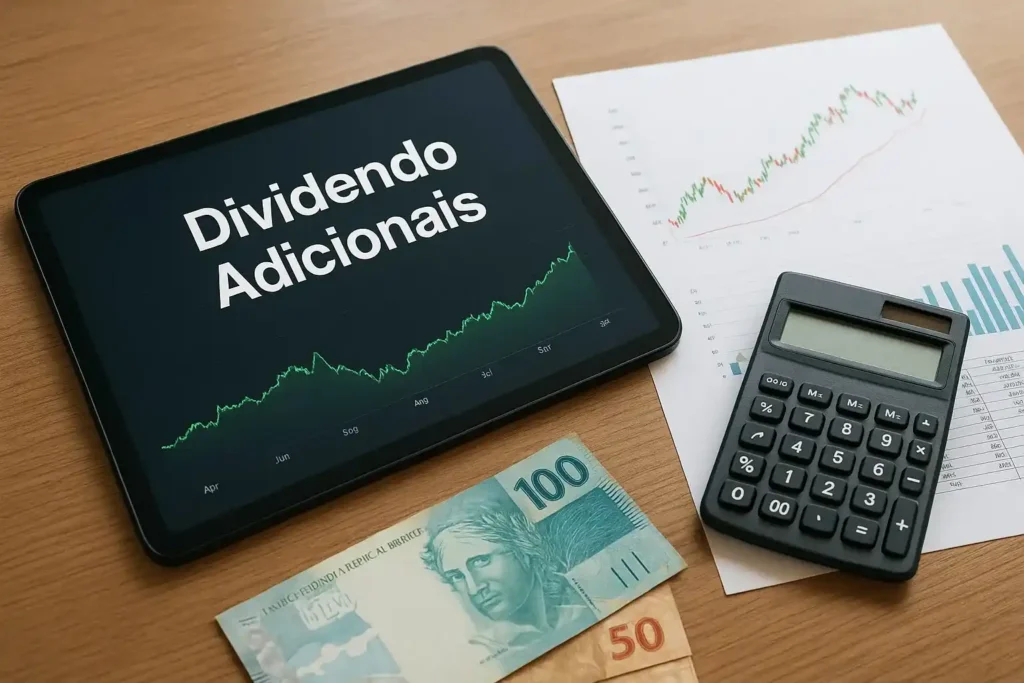 Tablet com dashboard sobre dividendos adicionais, ao lado de reais e calculadora.
