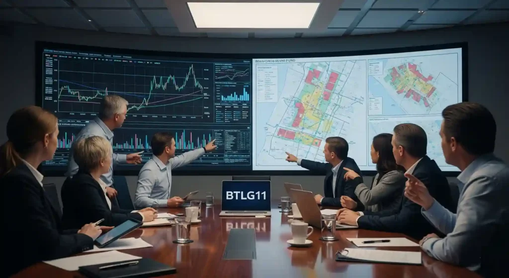 Reunião corporativa com gráficos e plantas de imóveis, ilustrando a gestão ativa do fundo imobiliário BTLG11.