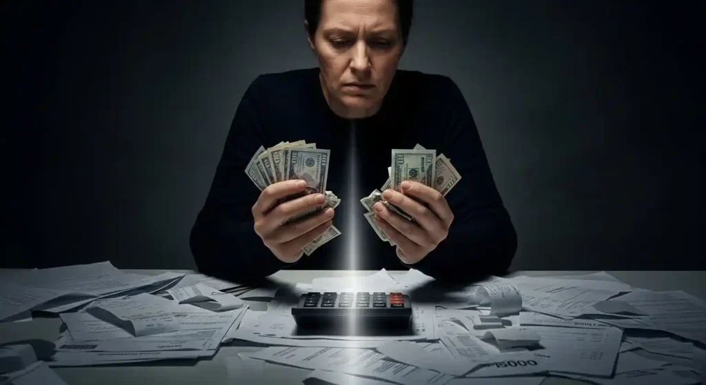 Rapaz de meia idade tem que escolher qual boleto tem que fazer para final do mes ficar sem dinheiro.