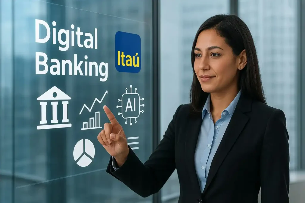 Profissional interage com painel digital sobre transformação bancária e IA no Itaú.