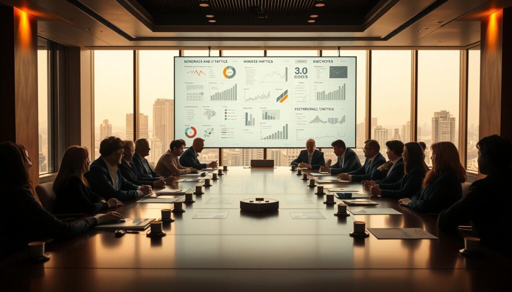 A dramatic and cinematic scene of a boardroom, with a large conference table as the focal point. Soft, warm lighting casts a glow over the scene, creating a contemplative and strategic atmosphere. In the foreground, a group of businesspeople are engaged in a heated discussion, their body language and facial expressions conveying a sense of intensity and focus. The middle ground features a large digital display, projecting various charts, graphs, and data visualizations, representing the "scenarios and tactics" under consideration. In the background, floor-to-ceiling windows offer a glimpse of a bustling cityscape, hinting at the broader economic landscape. The overall composition creates a sense of depth and balance, conveying the gravity and importance of the decision-making process.