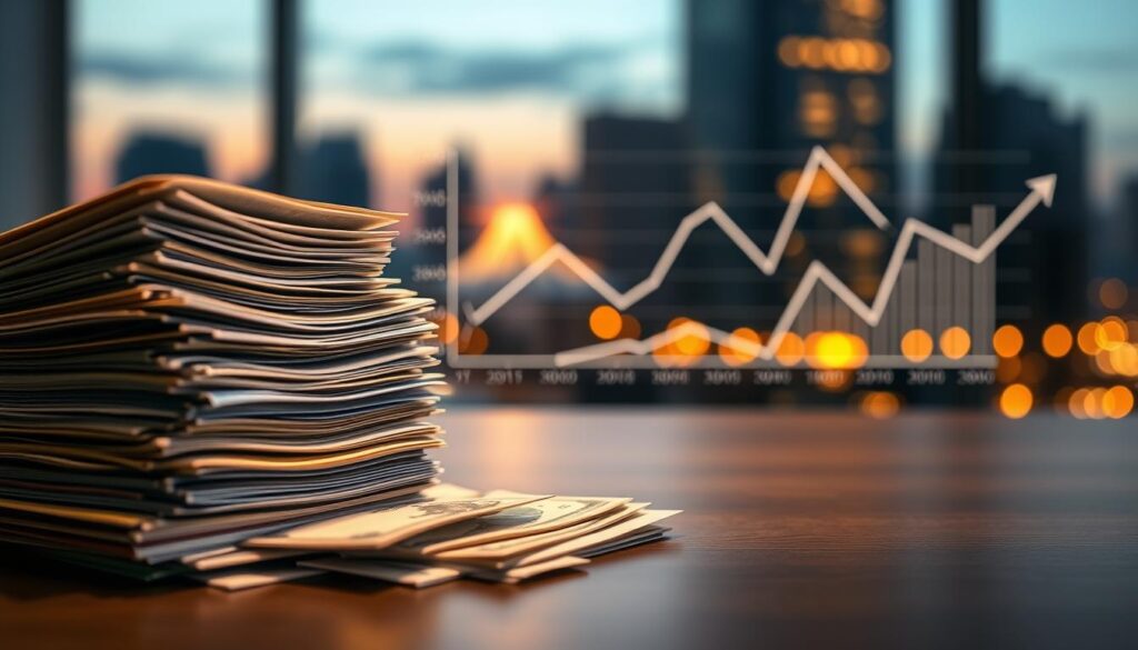 A meticulously crafted image of "renda fixa" (fixed income). In the foreground, a stack of government bonds, corporate notes, and treasury bills, their surfaces reflecting the warm glow of a recessed lighting setup. In the middle ground, a sleek, minimalist graph plots the yields and indices of various fixed-income instruments, conveying a sense of financial stability and security. The background features a subtly blurred cityscape, alluding to the broader economic landscape in which these financial products are situated. The overall mood is one of quiet confidence, with a focus on the tangible, dependable nature of fixed-income investments as a foundation for a diversified portfolio.