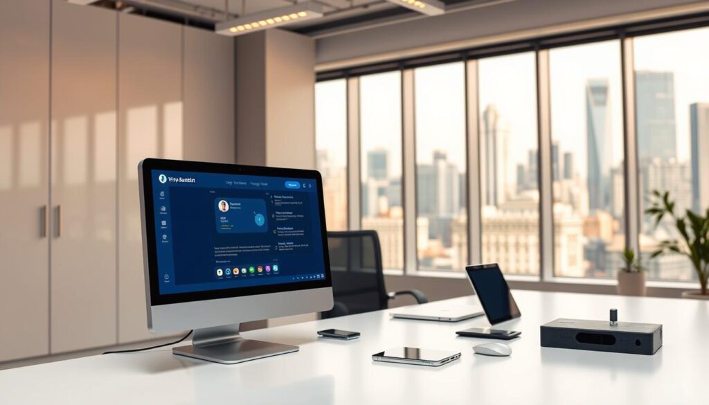 A modern office interior with a clean, minimalist design. In the foreground, a sleek desktop computer with a virtual assistant interface displayed on the screen, representing the automation of daily financial tasks. In the middle ground, a desk with a smartphone, tablet, and other digital devices, symbolizing the integration of AI-powered tools into personal finance management. The background features large windows overlooking a bustling city skyline, hinting at the broader impact of technology on financial lives. The lighting is warm and natural, creating a sense of efficiency and productivity. The overall atmosphere conveys a harmonious blend of technology and human-centered design, reflecting the seamless integration of AI in daily financial routines.