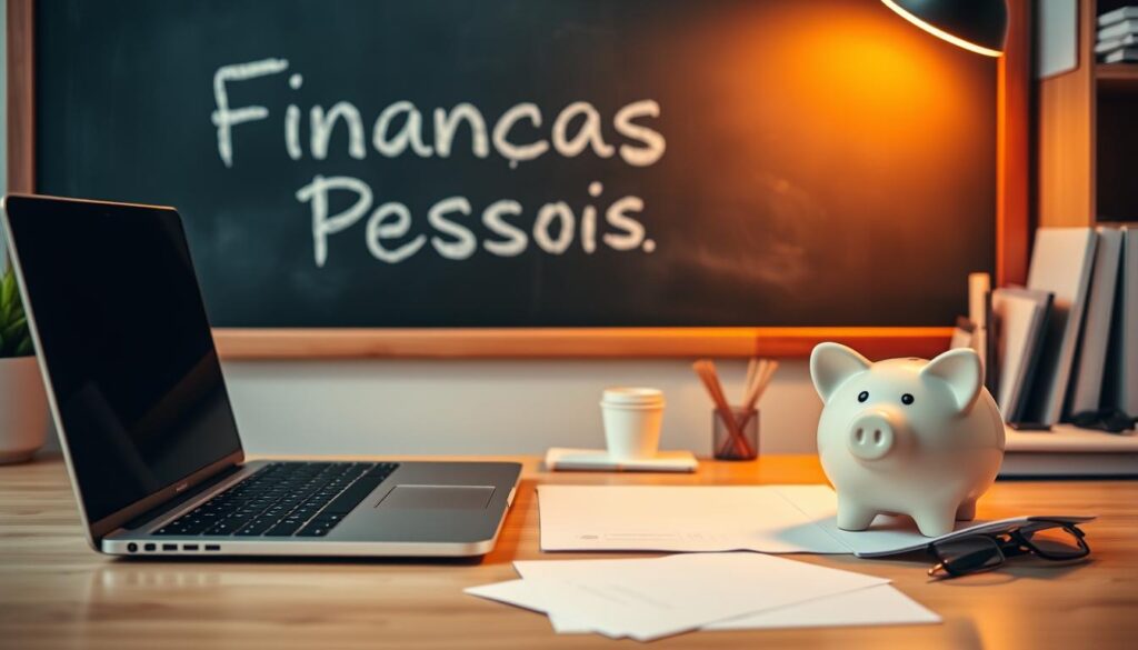 A neatly organized desk with a laptop, papers, and a piggy bank. In the background, a chalkboard with the words "Finanças Pessoais" written on it. Soft, warm lighting casts a cozy glow, creating a sense of focus and productivity. The scene conveys a balanced approach to personal finance, with clear separation between business and personal matters. The overall mood is one of clarity, control, and careful planning. A neatly organized desk with a laptop, papers, and a piggy bank. In the background, a chalkboard with the words "Finanças Pessoais" written on it. Soft, warm lighting casts a cozy glow, creating a sense of focus and productivity. The scene conveys a balanced approach to personal finance, with clear separation between business and personal matters. The overall mood is one of clarity, control, and careful planning.