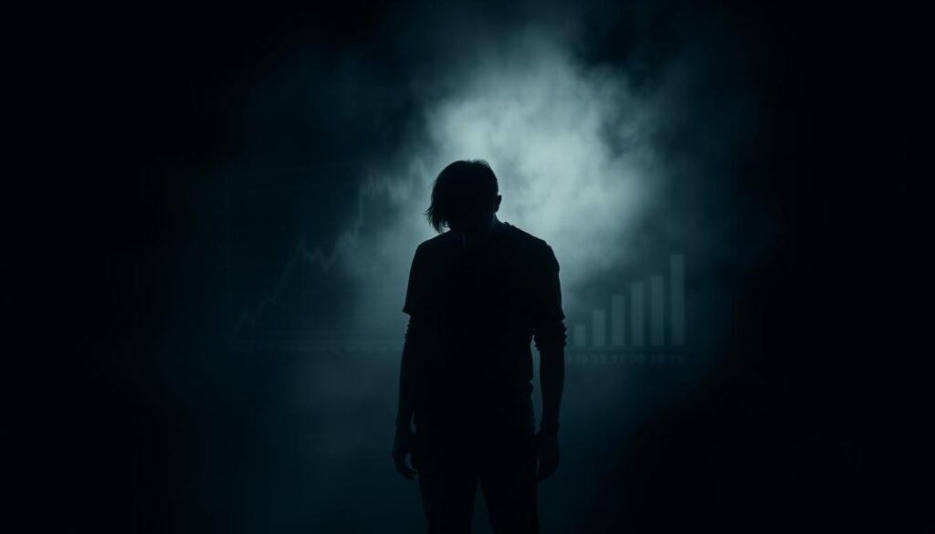 A person standing in a dark, gloomy room, their face partially obscured by shadows, eyes downcast and body language conveying a sense of despair and resignation. In the background, a hazy, distorted representation of financial charts and graphs, symbolizing the emotional turmoil and cognitive biases that can influence investment decisions. Dramatic lighting casts dramatic shadows, creating a somber, introspective atmosphere that reflects the "aversão à perda" theme. The person's posture and expression suggest a deep-seated fear of losing, a reluctance to take risks, and a struggle to overcome the irrational impulses that can hinder rational financial planning.