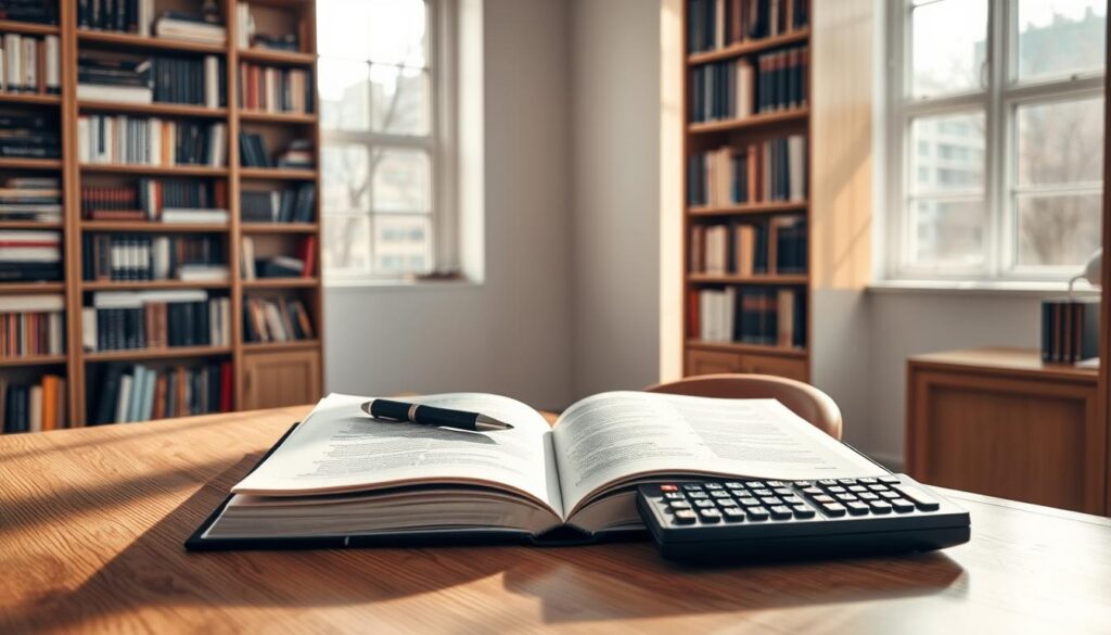 A serene, minimalist study space with an open book, a pen, and a calculator resting on a clean, wooden desk. Soft natural lighting filters through large windows, casting warm shadows and highlighting the textured surfaces. In the background, bookshelves filled with volumes on personal finance and investment strategies create a sense of intellectual depth. The overall atmosphere conveys a mood of focused contemplation, emphasizing the importance of continuous financial education and empowerment.
