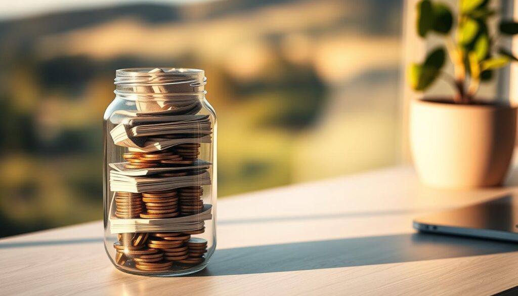 A serene, warm-toned image of a personal financial reserve. In the foreground, a glass jar or container filled with a stack of neatly organized bills and coins, casting soft shadows. The middle ground features a neutral, uncluttered desktop surface, perhaps with a potted plant or other minimal decor. In the background, a blurred, natural landscape with a calming, golden-hour lighting effect, conveying a sense of tranquility and security. The overall mood is one of financial preparedness, stability, and prudent planning for a self-employed individual. A serene, warm-toned image of a personal financial reserve. In the foreground, a glass jar or container filled with a stack of neatly organized bills and coins, casting soft shadows. The middle ground features a neutral, uncluttered desktop surface, perhaps with a potted plant or other minimal decor. In the background, a blurred, natural landscape with a calming, golden-hour lighting effect, conveying a sense of tranquility and security. The overall mood is one of financial preparedness, stability, and prudent planning for a self-employed individual.