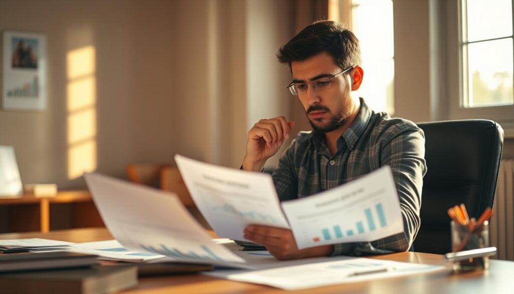 Uma pessoa reflexiva sentada à mesa, examinando cuidadosamente documentos e gráficos financeiros, com uma expressão pensativa.