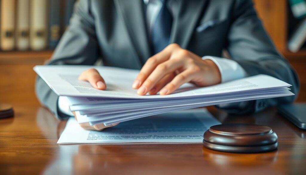 A well-dressed professional holding legal documents, representing the concept of "direito" (right/law) in a warm, authoritative lighting. The foreground features the person's hands carefully arranging the documents on a polished wooden desk. The background blurs softly, hinting at an office or law firm setting. The overall mood conveys a sense of expertise, responsibility, and the importance of understanding one's legal rights and obligations.