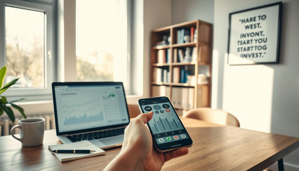 A well-lit, modern office space with natural sunlight streaming through large windows. On the desk, a laptop displays financial charts and graphs, accompanied by a notebook, a pen, and a cup of coffee. In the foreground, a person's hand holds a smartphone, browsing investment apps and websites. The background features a bookshelf filled with finance-related books and a framed motivational quote about starting to invest. The overall mood is one of focus, ambition, and a sense of a new beginning in the world of personal finance.
