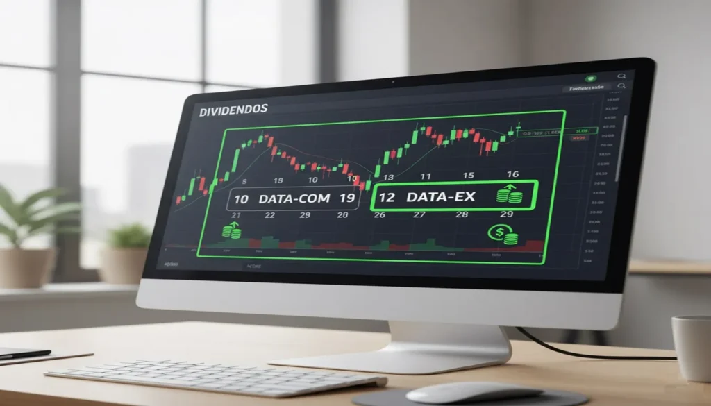 Calendário financeiro destacando data-com e data-ex com gráfico de ações
