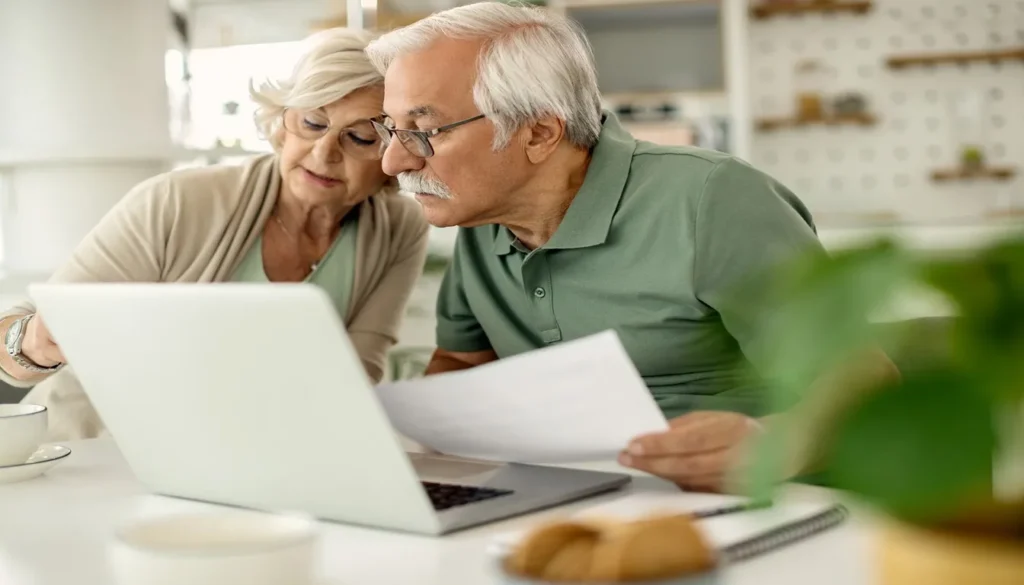 Casal da terceira idade fazendo planejamento financeiro para aposentadoria.