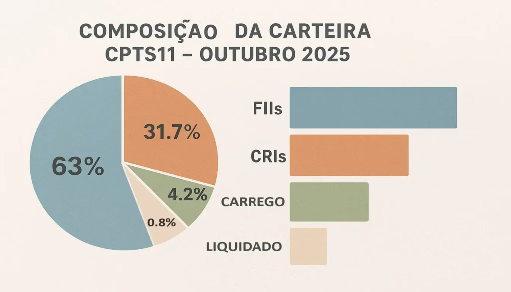 Gráfico mostrando a composição da carteira do fundo imobiliário CPTS11 em outubro de 2025, com investimentos em FIIs, CRIs e liquidez.