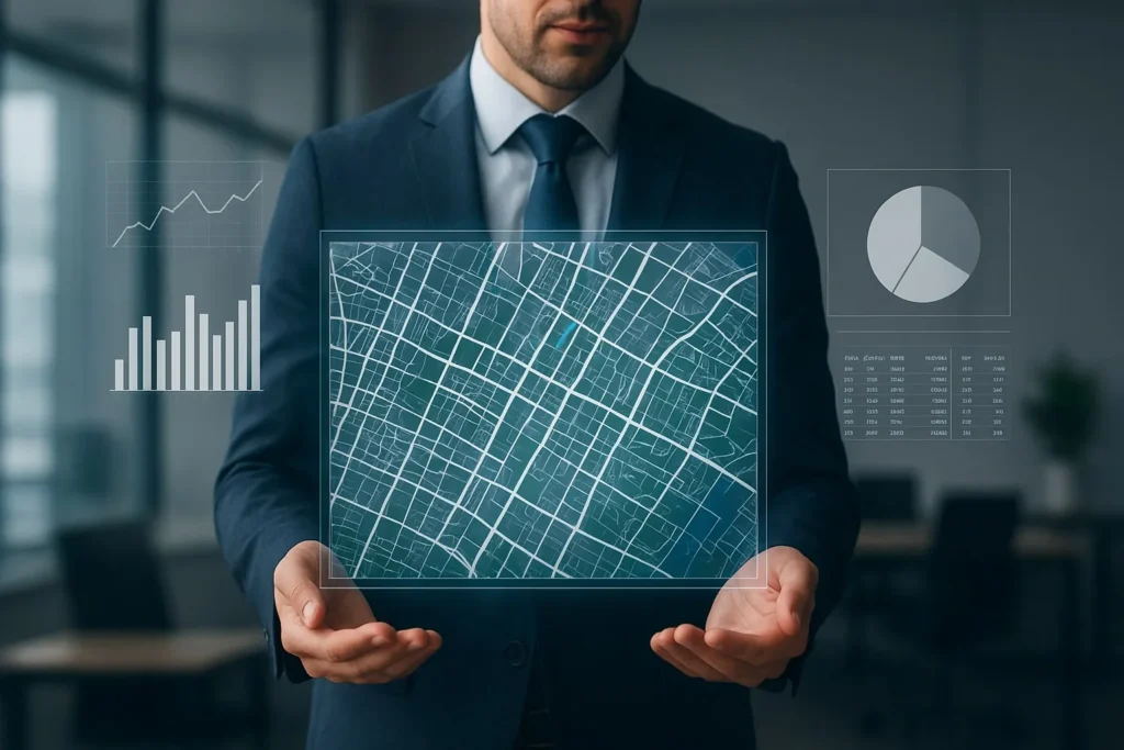 Profissional analisando mapa urbano digitalizado com gráficos de dados imobiliários e tributários.