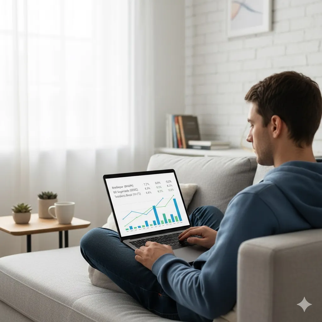 Pessoa segurando notebook com gráficos de ações e dividendos, simbolizando investimento acessível