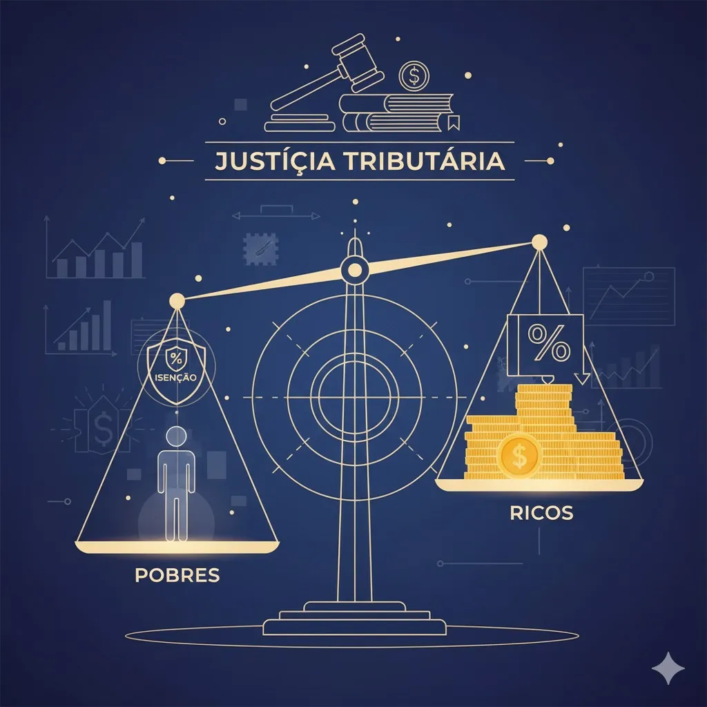 Balança simbolizando justiça tributária entre isenção do imposto de renda e taxação dos ricos