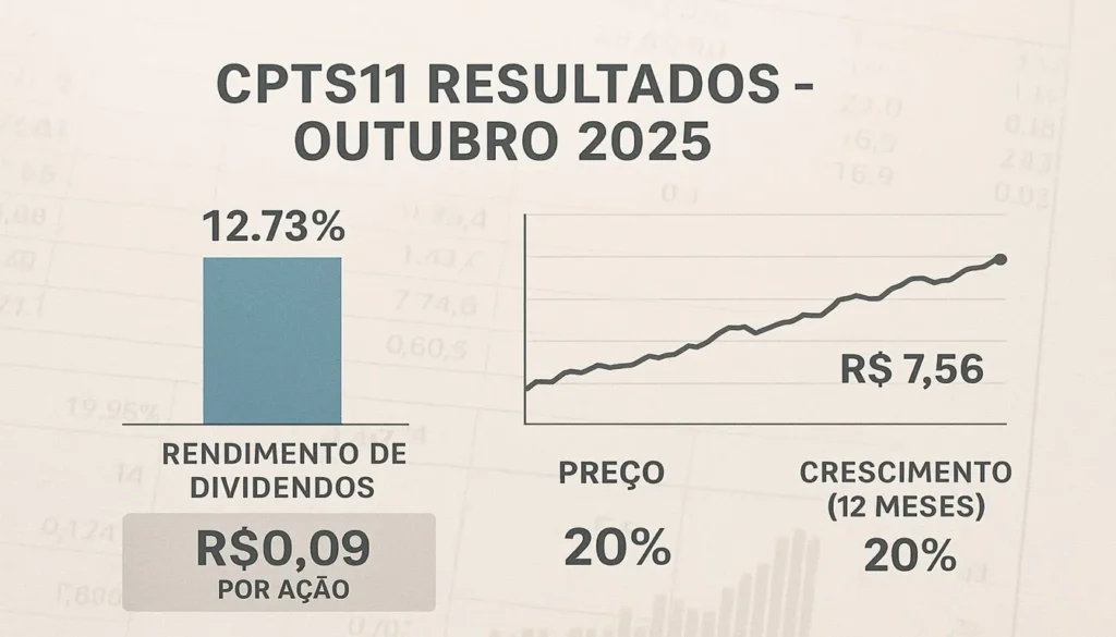 Gráfico mostrando o rendimento e desempenho do fundo CPTS11 em outubro de 2025, com dividendos de R$0,09 por cota e yield anual de 12,73%.