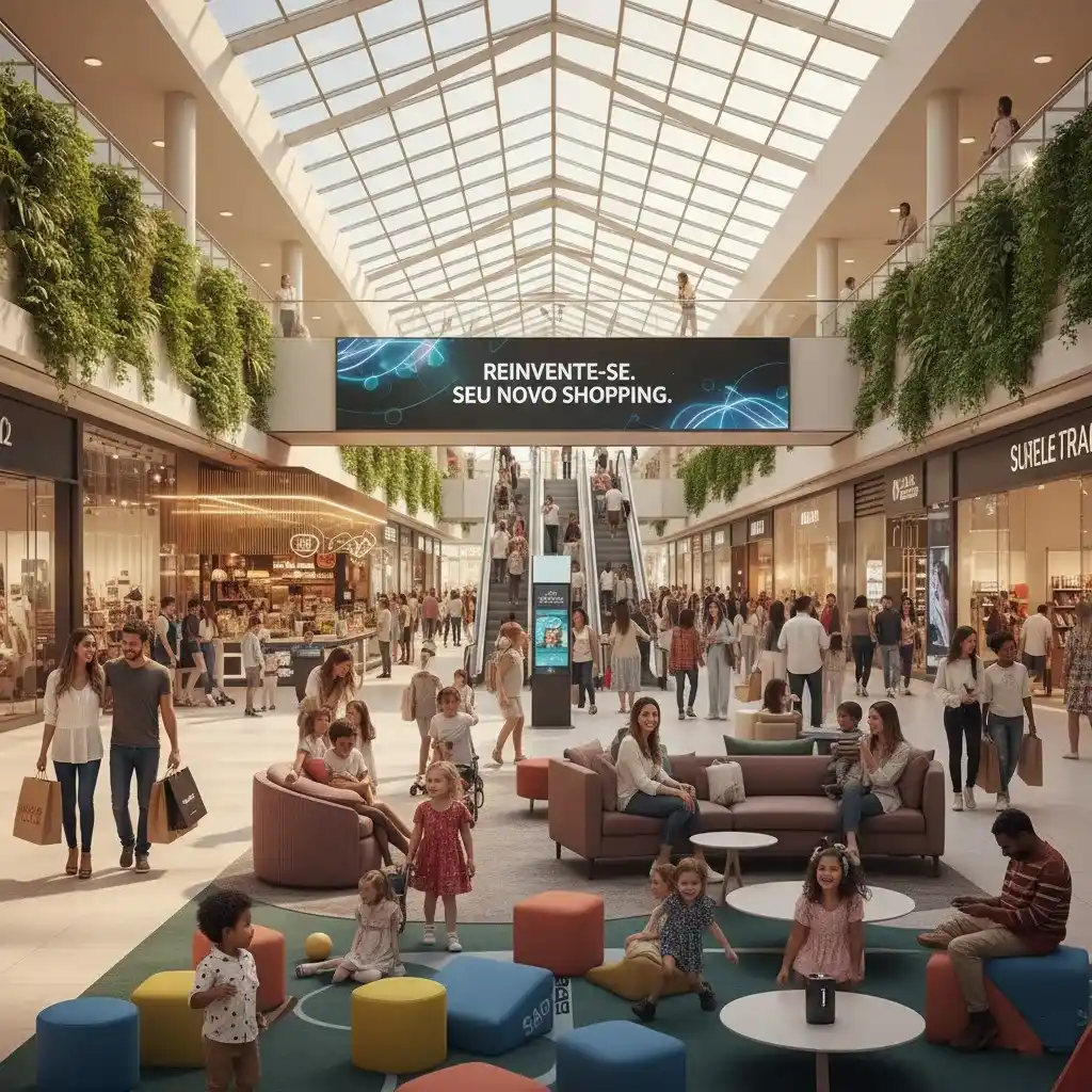 Imagem de um shopping movimentado, com pessoas aproveitando áreas de compras, lazer e gastronomia, refletindo a reinvenção dos shoppings para atrair mais clientes